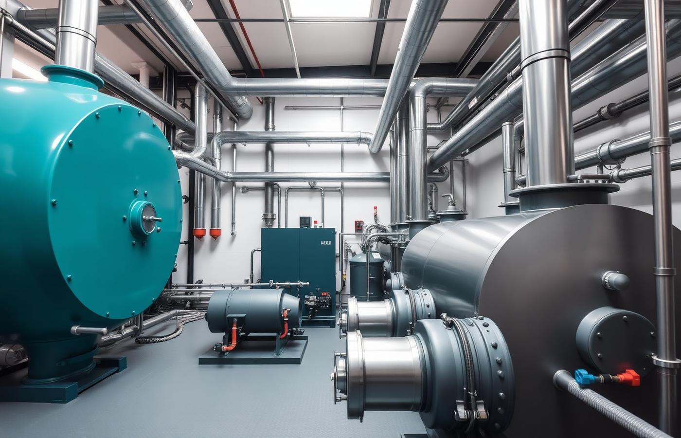 Modern industrial boiler room with thermal energy equipment